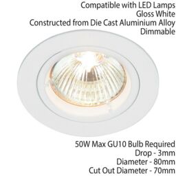 Loops Fixed Round Recess Ceiling Down Light Gloss White 80mm Flush GU10 Lamp Fitting - thumbnail 2