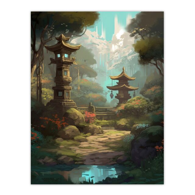 "Artery8 Wall Art Print Traditional Japan Garden Painting with Towers & Stone Lanterns Bright Lake Spring Landscape Poster in Green - Size: W12"" x H16""" - image 1