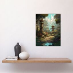 "Artery8 Wall Art Print Traditional Japan Garden Painting with Towers & Stone Lanterns Bright Lake Spring Landscape Poster in Green - Size: W12"" x H16""" - thumbnail 4