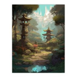 "Artery8 Wall Art Print Traditional Japan Garden Painting with Towers & Stone Lanterns Bright Lake Spring Landscape Poster in Green - Size: W12"" x H16""" - thumbnail 1