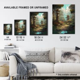 "Artery8 Wall Art Print Traditional Japan Garden Painting with Towers & Stone Lanterns Bright Lake Spring Landscape Poster in Green - Size: W12"" x H16""" - thumbnail 3