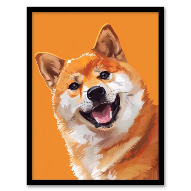 Artery8 Happy Shiba Inu Dog Lover Pet Portrait Orange Framed Art Print - Size: A4 - image 1