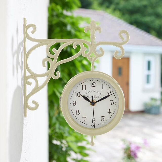 mysmartbuy York Station Wall Mounted Outdoor Garden Quartz Clock & Thermometer in Cream - image 1