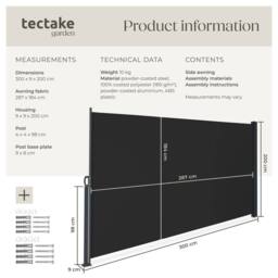 tectake Extendable Side Awning with Roll-up Mechanism, Opaque in Black - Size: 300 cm x 180 cm - thumbnail 6
