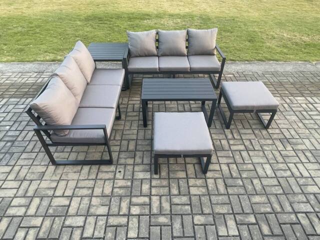 Fimous Aluminium Patio Outdoor Garden Furniture Lounge Sofa Set with Oblong Coffee Table 2 Big Footstools Side Table Dark Grey - image 1