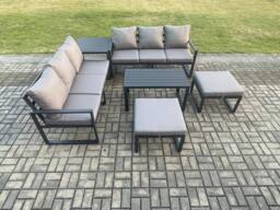 Fimous Aluminium Patio Outdoor Garden Furniture Lounge Sofa Set with Oblong Coffee Table 2 Big Footstools Side Table Dark Grey - thumbnail 1