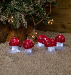Samuel Alexander Set of 5 Battery Operated Red & White Acrylic Christmas Mushrooms with Cool White LEDs - thumbnail 1