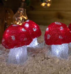 Samuel Alexander Set of 5 Battery Operated Red & White Acrylic Christmas Mushrooms with Cool White LEDs - thumbnail 3