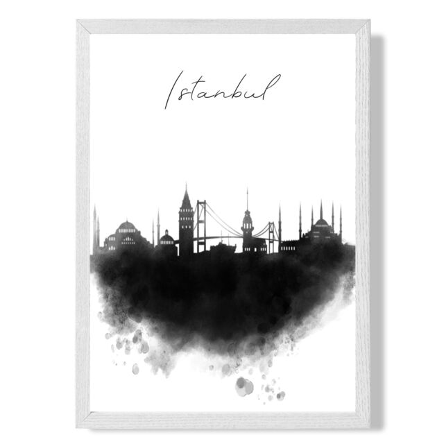 ARTZE Istanbul Watercolour Skyline City Framed Print SIZE: A4 with White Frame in Black - image 1