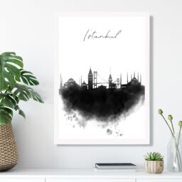 ARTZE Istanbul Watercolour Skyline City Framed Print SIZE: A4 with White Frame in Black - thumbnail 2