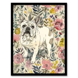 Artery8 Cute French Bulldog Dog Lover Floral Portrait Framed Wall Art - Size: A4 - thumbnail 1