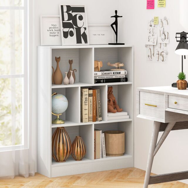 Costway 7-Cube Bookshelf 3-Tier Cubby Storage Organizer Wooden Cube Bookcase in White - image 1