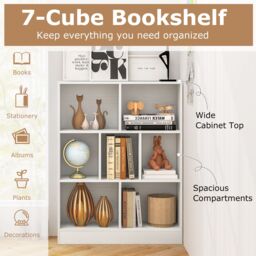 Costway 7-Cube Bookshelf 3-Tier Cubby Storage Organizer Wooden Cube Bookcase in White - thumbnail 5