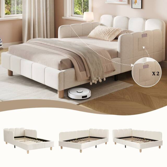 Matteo Upholstered Velvet Single Children's Bed with Safety Rail in Beige - image 1