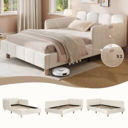 Matteo Upholstered Velvet Single Children's Bed with Safety Rail in Beige - thumbnail 1