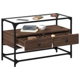 Berkfield Home TV Cabinet with Glass Top Brown Oak 80x35x51 cm Engineered Wood - Size: 80 x 35 x 51 cm - thumbnail 3