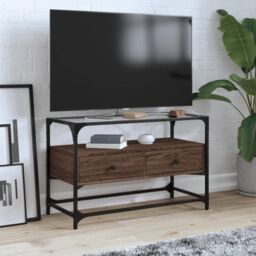 Berkfield Home TV Cabinet with Glass Top Brown Oak 80x35x51 cm Engineered Wood - Size: 80 x 35 x 51 cm