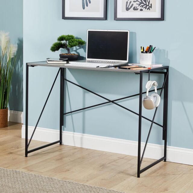 Home Source Folding Compact Desk Storage Hook Wood Metal Office Computer Table in Grey - image 1