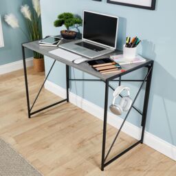 Home Source Folding Compact Desk Storage Hook Wood Metal Office Computer Table in Grey - thumbnail 4
