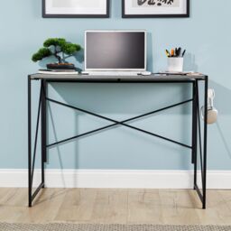Home Source Folding Compact Desk Storage Hook Wood Metal Office Computer Table in Grey - thumbnail 3