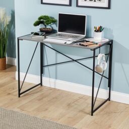 Home Source Folding Compact Desk Storage Hook Wood Metal Office Computer Table in Grey - thumbnail 2