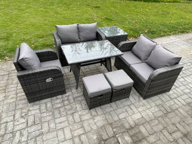 Fimous 7 Pieces Outdoor Garden Dining Sets Rattan Furniture With Dining Table Armchairs Love Sofa Side Table 2 Small Footstools Dark Grey Mixed - image 1