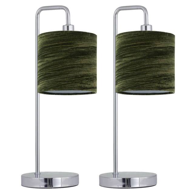 First Choice Lighting Set of 2 Chrome Arched Table Lamps with Green Crushed Velvet Shades in Silver - image 1
