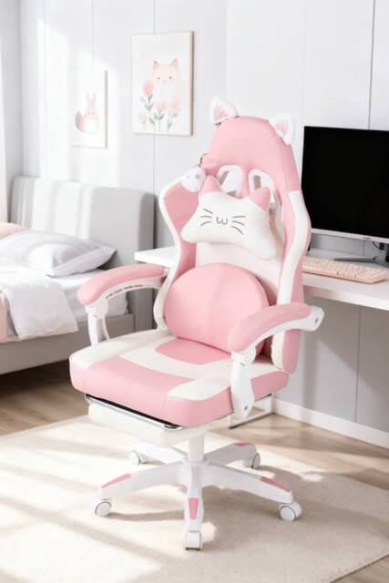 Living and Home Gaming Chair with Footrest & Massage Lumbar Cushion in Pink - image 1