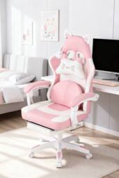 Living and Home Gaming Chair with Footrest & Massage Lumbar Cushion in Pink - thumbnail 1