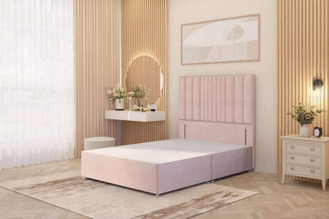 "Somnior Alexas Divan Bed Base with 54"" Floor Standing Headboard Plush Velvet in Pink - Size: Single" - image 1