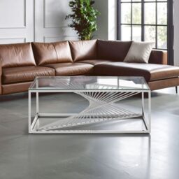 Orsina Coffee Table with Silver Finish Frame, Modern Coffee Table with Glass Top, Staircase Hallway Coffee Table