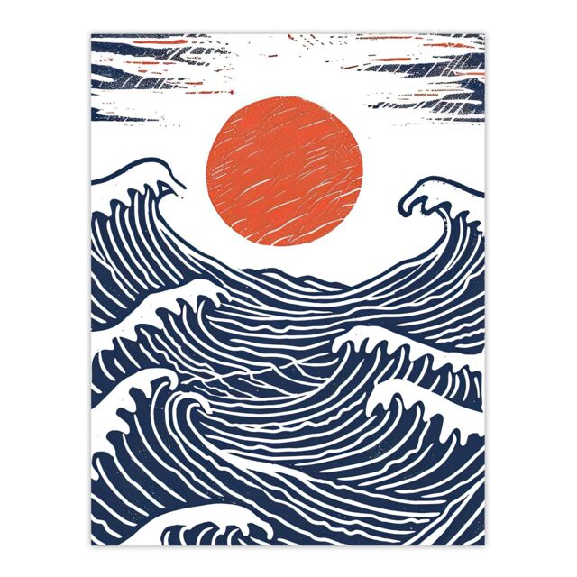 "Artery8 Wall Art Print Sun with Sea Waves Orange Blue Seascape Painting Poster in White - Size: W24"" x H32""" - image 1