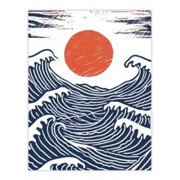 "Artery8 Wall Art Print Sun with Sea Waves Orange Blue Seascape Painting Poster in White - Size: W24"" x H32""" - thumbnail 1