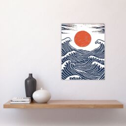 "Artery8 Wall Art Print Sun with Sea Waves Orange Blue Seascape Painting Poster in White - Size: W24"" x H32""" - thumbnail 4
