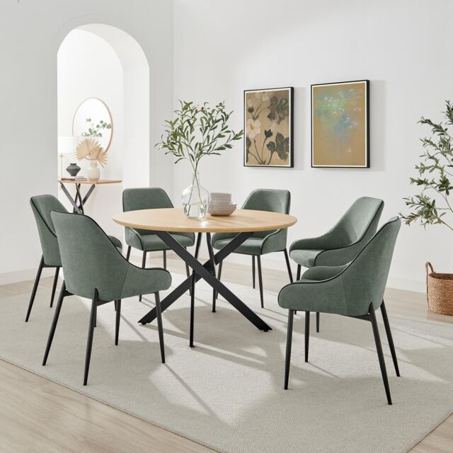 FurnitureboxUK Novara 120cm Oak Effect Dining Table & 6 Beaumont Green Fabric Chairs - image 1