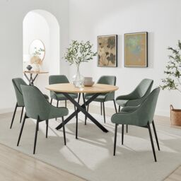 FurnitureboxUK Novara 120cm Oak Effect Dining Table & 6 Beaumont Green Fabric Chairs - thumbnail 1