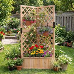Costway Raised Garden Bed w/Lattice Trellises Elevated Wooden Planter Box in Natural - thumbnail 3