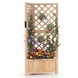 Costway Raised Garden Bed w/Lattice Trellises Elevated Wooden Planter Box in Natural