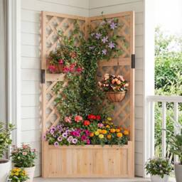 Costway Raised Garden Bed w/Lattice Trellises Elevated Wooden Planter Box in Natural - thumbnail 4