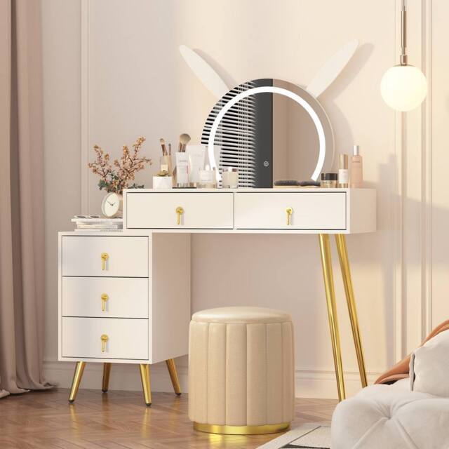 KEEPREAPER Dressing Table with LED Mirror, 5 Drawers Metal Legs in White - image 1