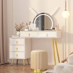 KEEPREAPER Dressing Table with LED Mirror, 5 Drawers Metal Legs in White