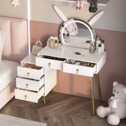 KEEPREAPER Dressing Table with LED Mirror, 5 Drawers Metal Legs in White - thumbnail 3