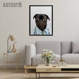 "Artery8 Deluvio Pug Puppy Dog In Jacket Framed Canvas Wall Art Print in Light Grey - Size: W12"" x H16""" - thumbnail 3