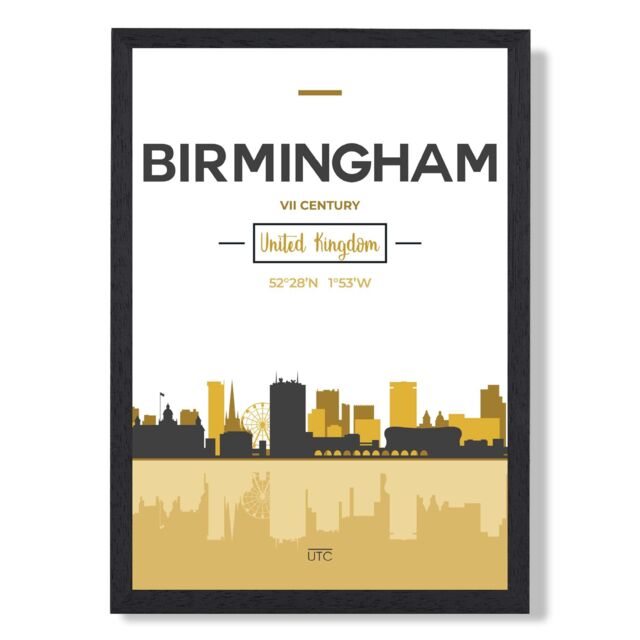ARTZE Birmingham Yellow & Black City Skyline Framed Print SIZE: A2 with Black Frame - Size: A4 - image 1