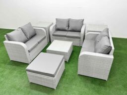Fimous 7 Seater PE Wicker Rattan Furniture Sofa Sets with Square Coffee Table 2 Seater Love Sofa Big Footstool 2 Side Table Light Grey - thumbnail 1