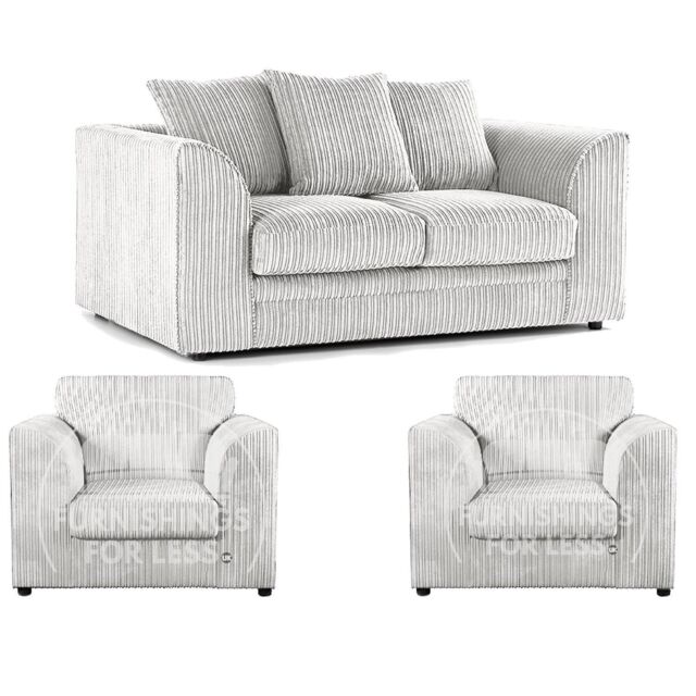 Furnishings For Less UK Luxor Jumbo Cord 2 + 1 + 1 Fabric 3 Piece Sofa Suite - Scatter Back in Silver - image 1