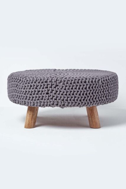 Homescapes Large Round Cotton Knitted Footstool on Legs in Grey - image 1