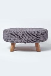 Homescapes Large Round Cotton Knitted Footstool on Legs in Grey - thumbnail 1