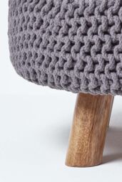 Homescapes Large Round Cotton Knitted Footstool on Legs in Grey - thumbnail 4