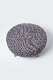 Homescapes Large Round Cotton Knitted Footstool on Legs in Grey - thumbnail 3